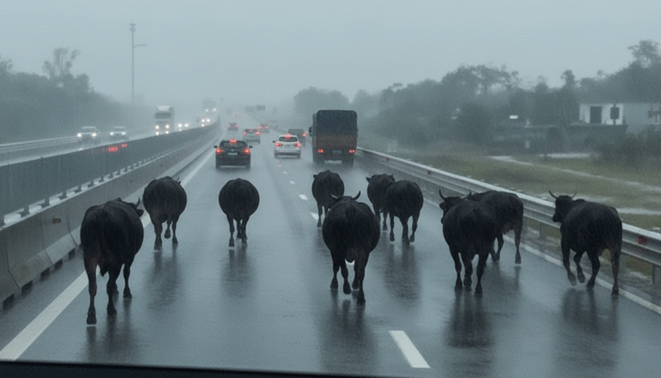 하므 응히 - 붕앙 고속도로에서 나타난 소떼