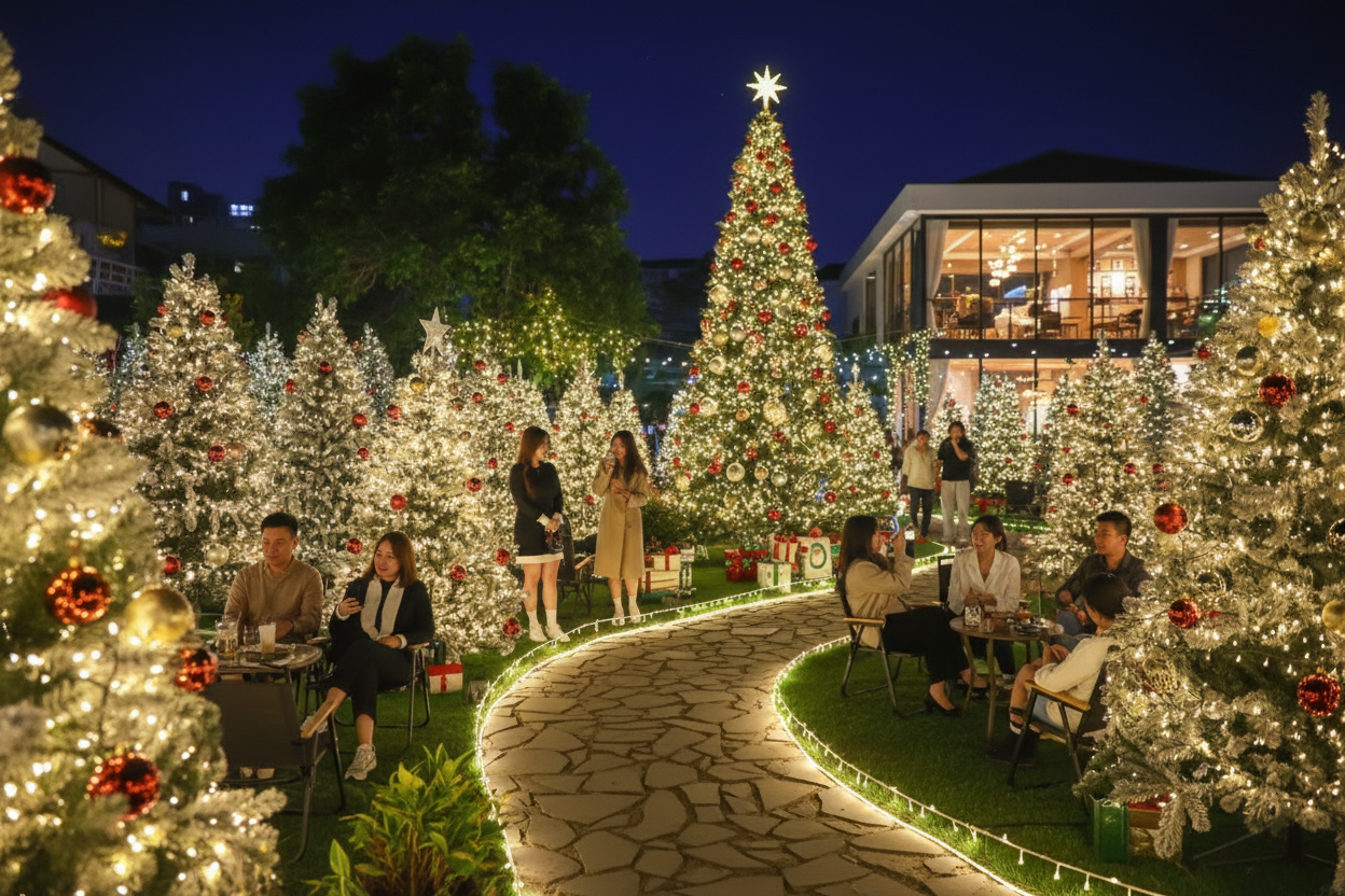 호치민시, '크리스마스 공원' 같은 디자인의 수백 그루 크리스마스 트리가 있는 카페