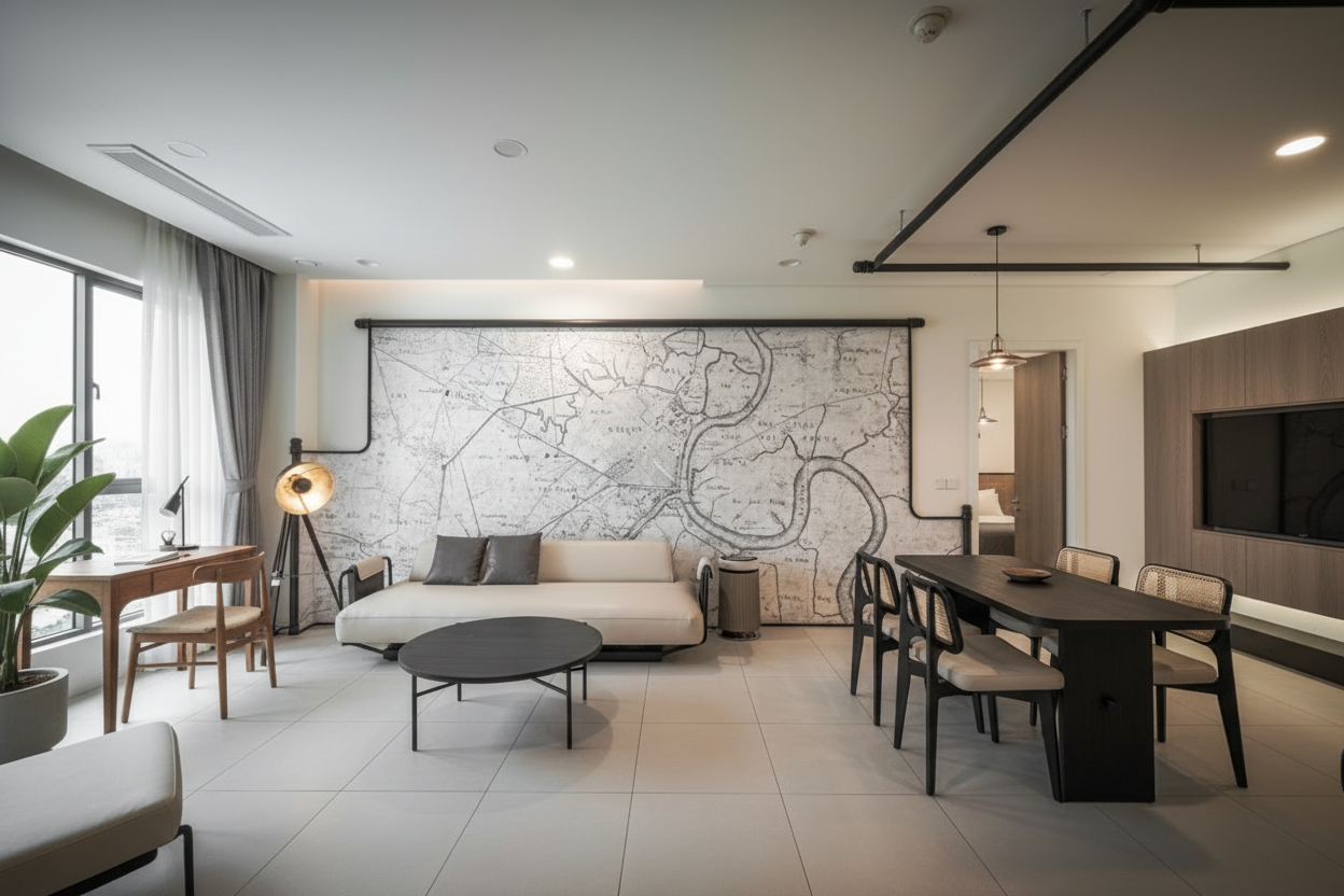 96m² 아파트, 오래된 사이공 지도로 디자인의 중심을 잡다