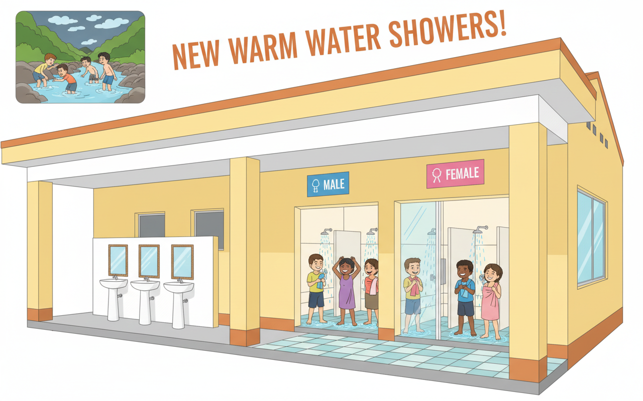 보짜이(Bố Trạch) 기숙사 학생들, 새 샤워실 덕분에 계곡에서의 목욕을 끝내다